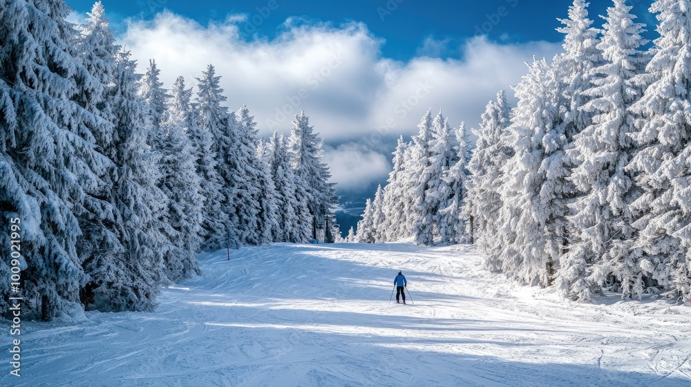 A lone skier gliding through a forest of snow-covered pine trees, with a quiet, peaceful atmosphere in the wintry landscape. A lone skier gliding through a forest of snow-covered pine trees, with a quiet, peaceful atmosphere in the wintry landscape.