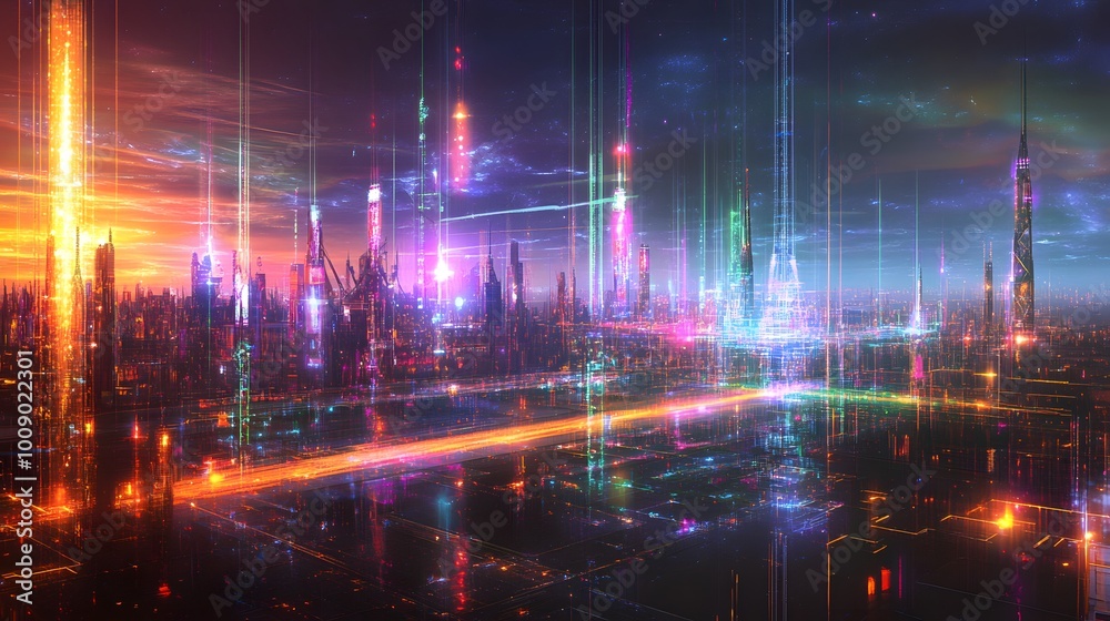 A cityscape with many buildings and a highway. The buildings are lit up in neon colors, creating a futuristic and vibrant atmosphere. The highway is illuminated with a bright orange light