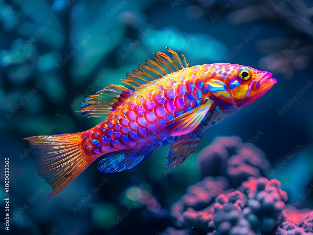 Genetically Enhanced Vibrant Glowing Fish Swimming in Deep Sea Environment Genetically Enhanced Vibrant Glowing Fish Swimming in Deep Sea Environment