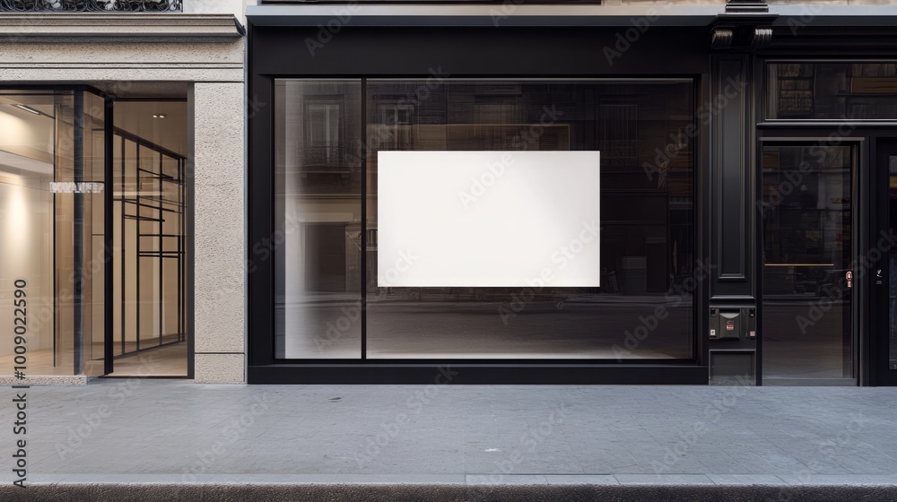 Storefront with Blank White Poster for Advertisement. A modern retail display featuring a blank white poster, perfect for promotional opportunities. Storefront with Blank White Poster for Advertisement. A modern retail display featuring a blank white poster, perfect for promotional opportunities.