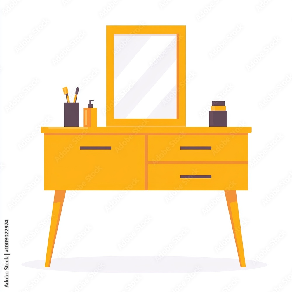 A modern yellow vanity table with a mirror and various cosmetic items. A modern yellow vanity table with a mirror and various cosmetic items.