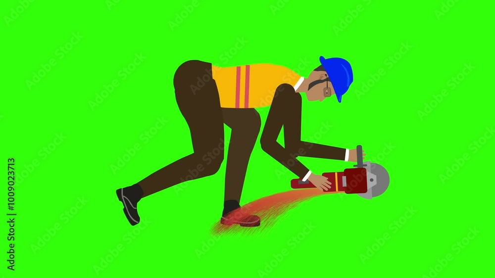 Cartoon animation of builder worker men cutting steel with flex electric cutter, green screen Cartoon animation of builder worker men cutting steel with flex electric cutter, green screen