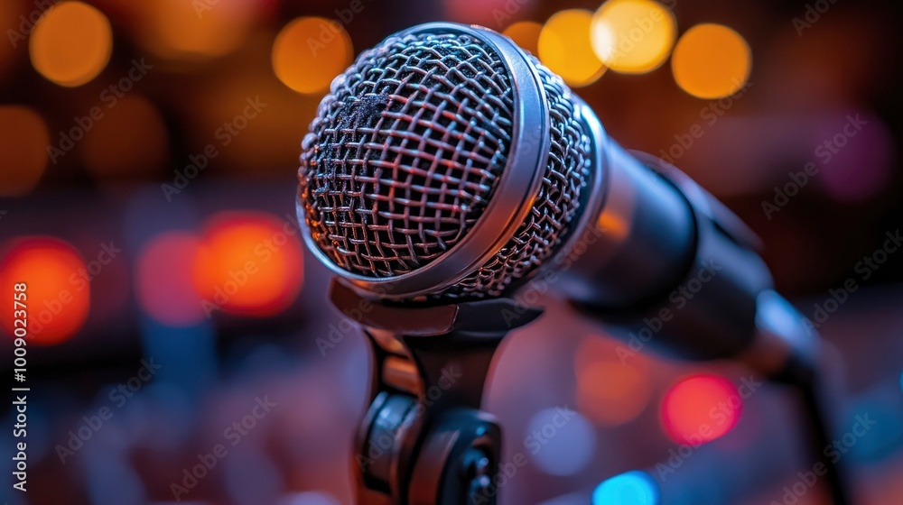 Closeup of a microphone on a stand with blurred lights in the background Closeup of a microphone on a stand with blurred lights in the background