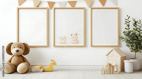 A cozy and minimalist children's room featuring soft toys, wooden decor, framed art, and playful bunting against a neutral backdrop.