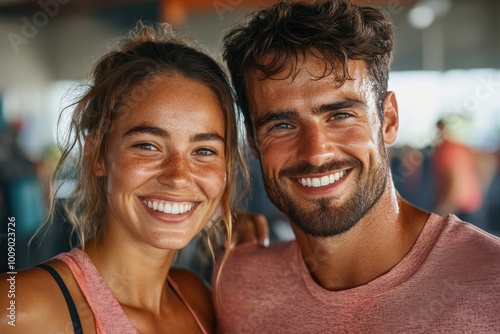 A content couple wearing matching pink tops, smiling brightly after their gym session, elegantly capturing the harmony and support found through shared fitness endeavors.