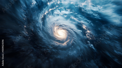 A swirling vortex of clouds and light, resembling a cosmic storm.