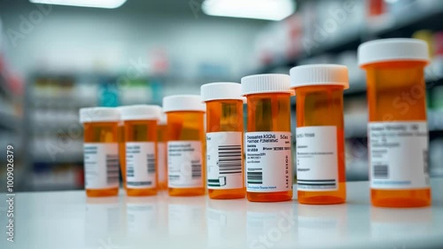 Close-up of prescription medication bottles on a pharmacy counter, featuring clear labels with medication names and dosages.