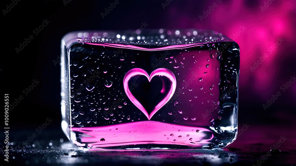 A heart made of ice is surrounded by water droplets A heart made of ice is surrounded by water droplets
