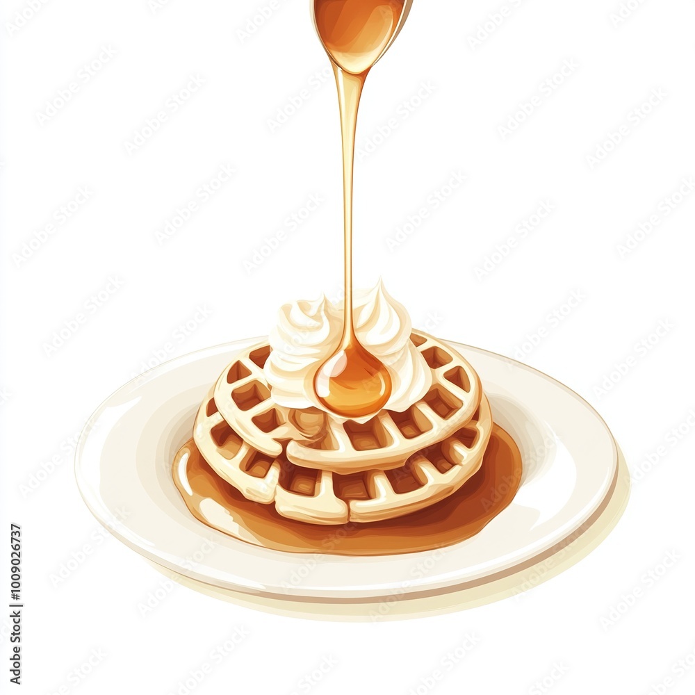 A delicious waffle topped with syrup and whipped cream on a plate. A delicious waffle topped with syrup and whipped cream on a plate.