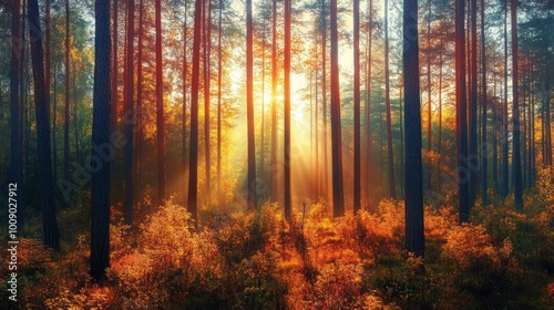 Golden Sunlight Filtering Through Tall Trees in a Misty Forest