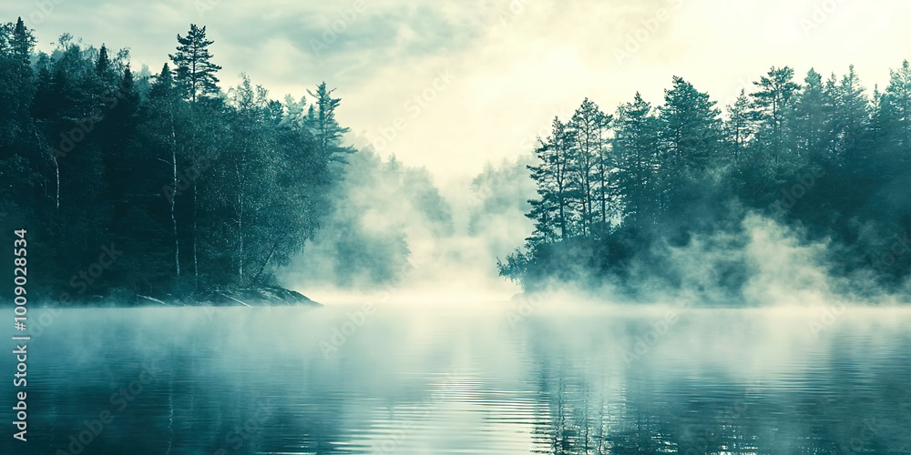 A misty forest with a lake in the background A misty forest with a lake in the background