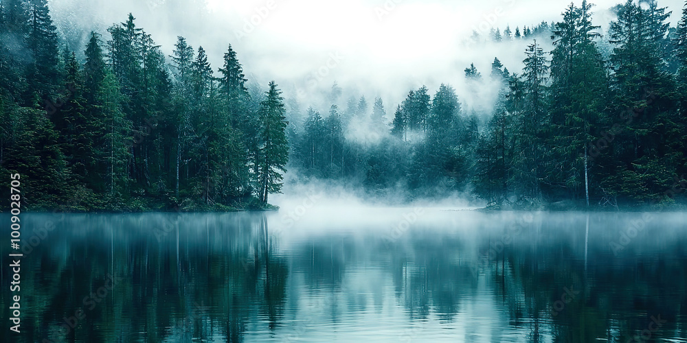 A forest with a lake in the background A forest with a lake in the background