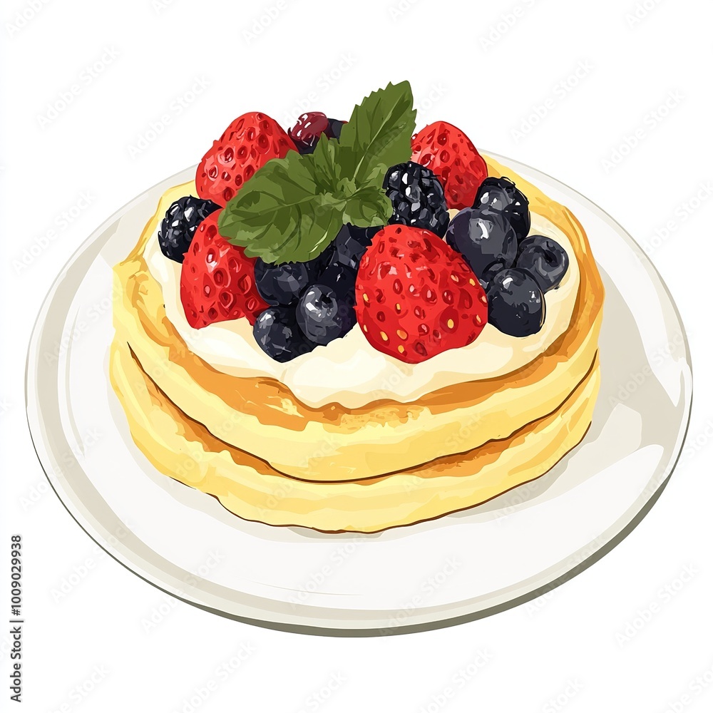 A delicious stack of pancakes topped with fresh berries and cream, served on a plate. A delicious stack of pancakes topped with fresh berries and cream, served on a plate.