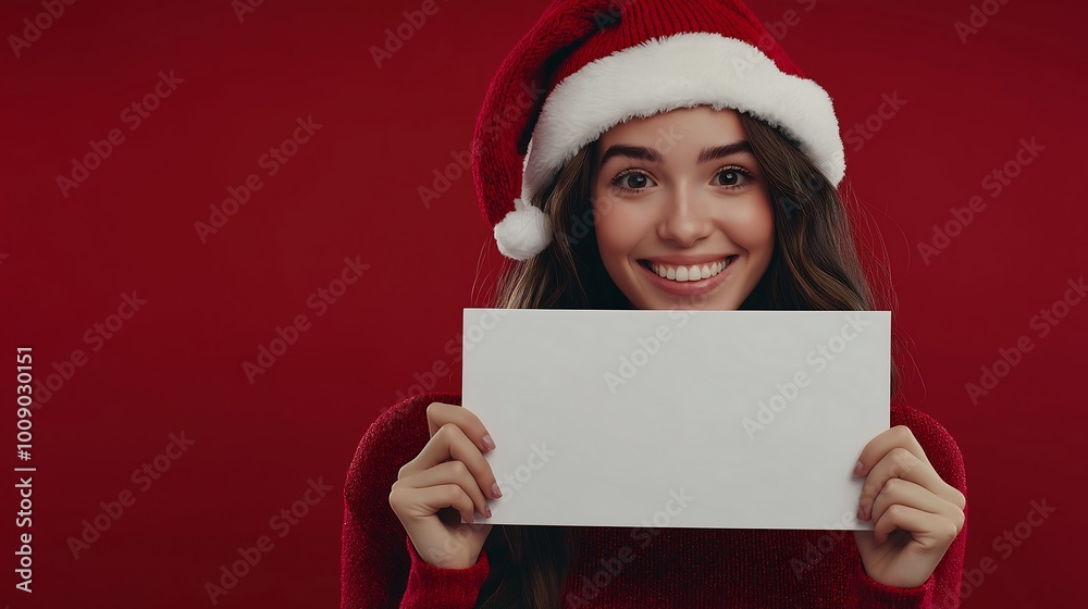 Beautiful woman wearing a Christmas hat, holding up an empty whiteboard with both hands, smiling and looking at the camera, against a solid color background, in a Christmas atmosphere Beautiful woman wearing a Christmas hat, holding up an empty whiteboard with both hands, smiling and looking at the camera, against a solid color background, in a Christmas atmosphere