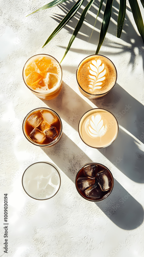 White concrete background with palm shadows and assorted iced coffee. Composition with cold summer drinks espresso tonic, ice moccachino, and latte. Menu composition for summer White concrete background with palm shadows and assorted iced coffee. Composition with cold summer drinks espresso tonic, ice moccachino, and latte. Menu composition for summer