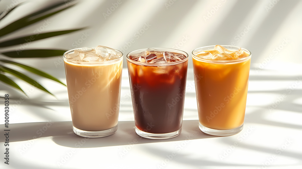 White concrete background with palm shadows and assorted iced coffee. Composition with cold summer drinks espresso tonic, ice moccachino, and latte. Menu composition for summer