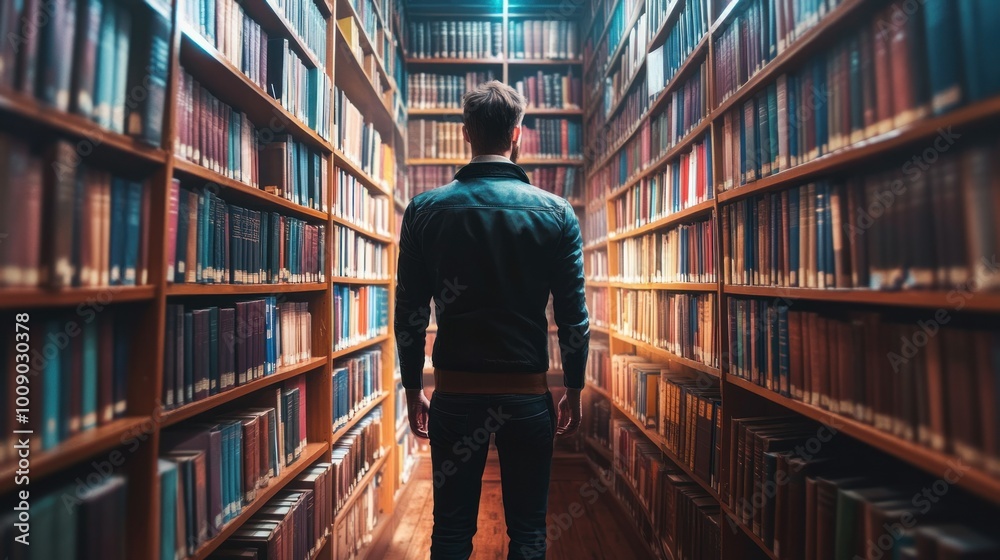 Man Walking Through a Library Aisle with Bookshelves Lined with Books Man Walking Through a Library Aisle with Bookshelves Lined with Books