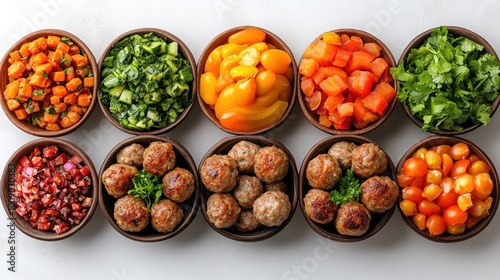 Colorful bowls of fresh ingredients and meatballs for meal prep.