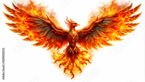 Burning phoenix bird isolated on white background