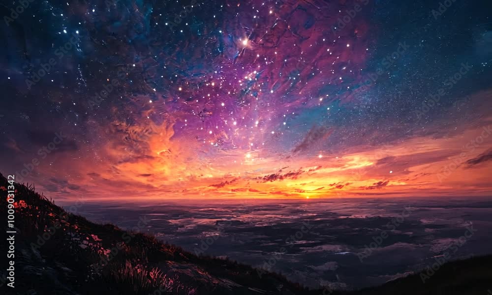 Sunset and Starry Sky Over a Mountain Ridge Sunset and Starry Sky Over a Mountain Ridge