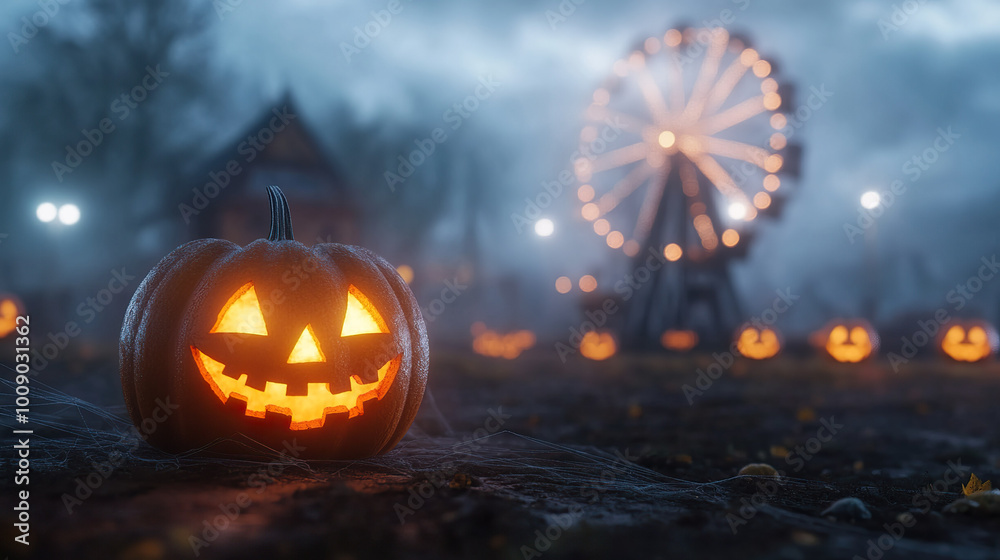 glowing jack o lantern with mischievous grin sits in foggy, eerie landscape, with Ferris wheel in background. glowing jack o lantern with mischievous grin sits in foggy, eerie landscape, with Ferris wheel in background.