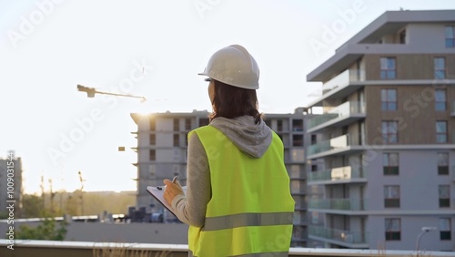 Woman construction engineer is taking notes and writing on a clipboard while inspecting a construction site in the morning at sunrise