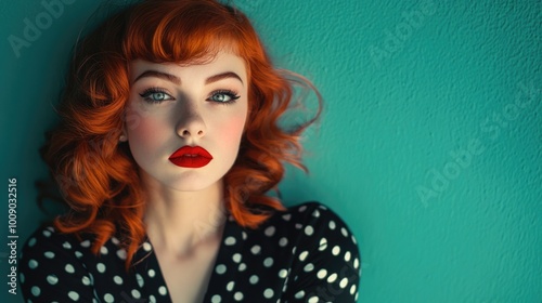 Red-haired woman in polka dot shirt