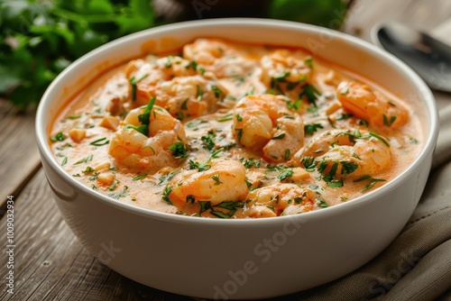 A bowl of vatap, a creamy dish made with bread, shrimp, coconut milk, and ground peanuts, garnished with cilantro