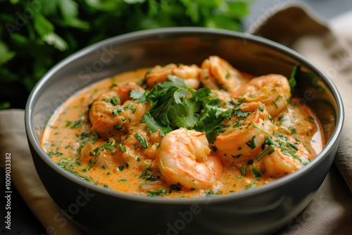 A bowl of vatap, a creamy dish made with bread, shrimp, coconut milk, and ground peanuts, garnished with cilantro