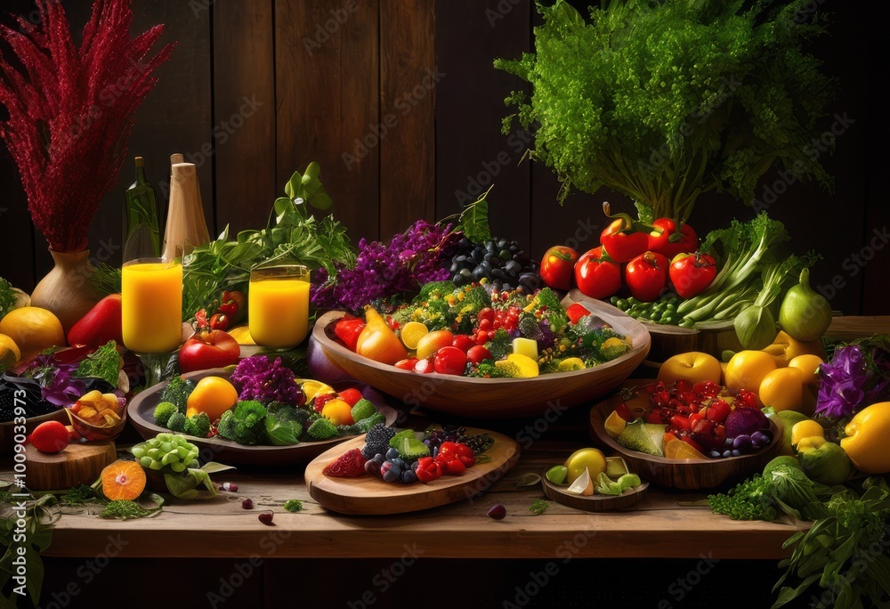whimsical display colorful plant based meals lively vibrant backdrop featuring fresh produce artistic arrangements, vegetables, fruits, rice, herbs whimsical display colorful plant based meals lively vibrant backdrop featuring fresh produce artistic arrangements, vegetables, fruits, rice, herbs