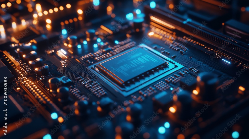 Close-up of a microchip on a motherboard, illuminated by blue LED lights Close-up of a microchip on a motherboard, illuminated by blue LED lights