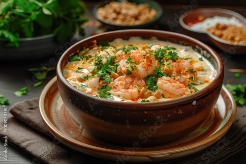 A bowl of vatap, a creamy dish made with bread, shrimp, coconut milk, and ground peanuts, garnished with cilantro