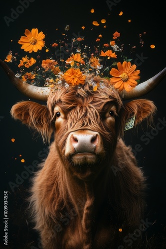 scottish highlander cow in an explosion of flowers christmas style artwork