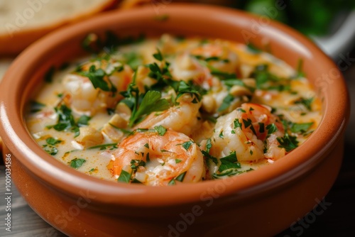 A bowl of vatap, a creamy dish made with bread, shrimp, coconut milk, and ground peanuts, garnished with cilantro