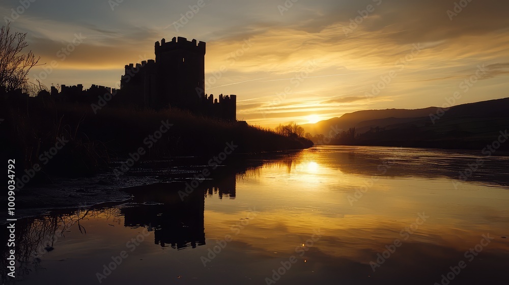 A breathtaking sunset view of a castle reflection in a serene lake, surrounded by nature's beauty and tranquil skies.