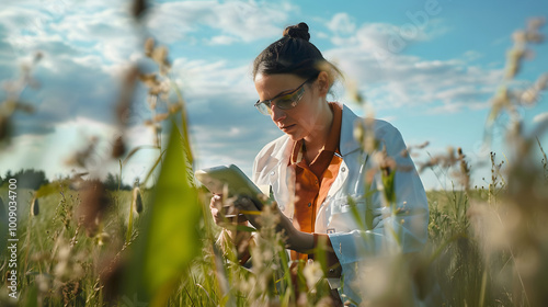 female environmental scientist 30s dedicated in a field with research equipment and natural setting