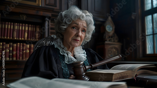 female judge 50s authoritative yet approachable in a courtroom with gavel and law books