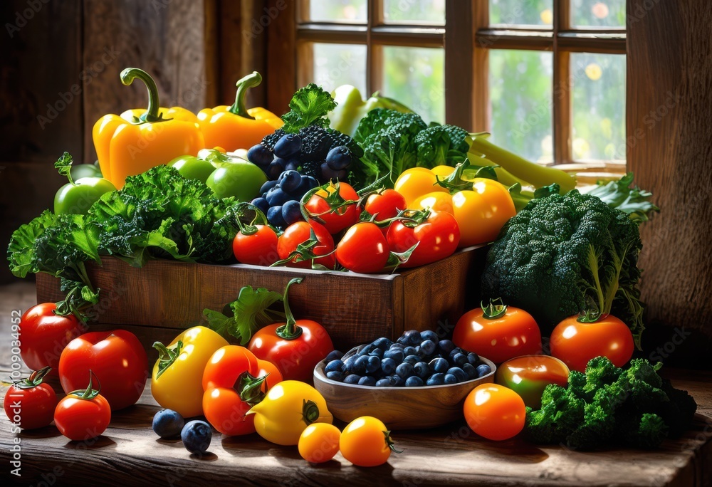 vibrant arrangement colorful fruits vegetables showcasing nutritional variety health benefits, apples, oranges, bananas, grapes, berries, carrots vibrant arrangement colorful fruits vegetables showcasing nutritional variety health benefits, apples, oranges, bananas, grapes, berries, carrots