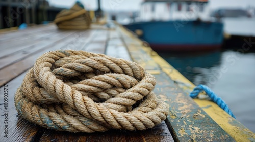 A close-up view of a coiled rope on a wooden dock, with a blurred boat and calm water in the background, evoking maritime vibes.