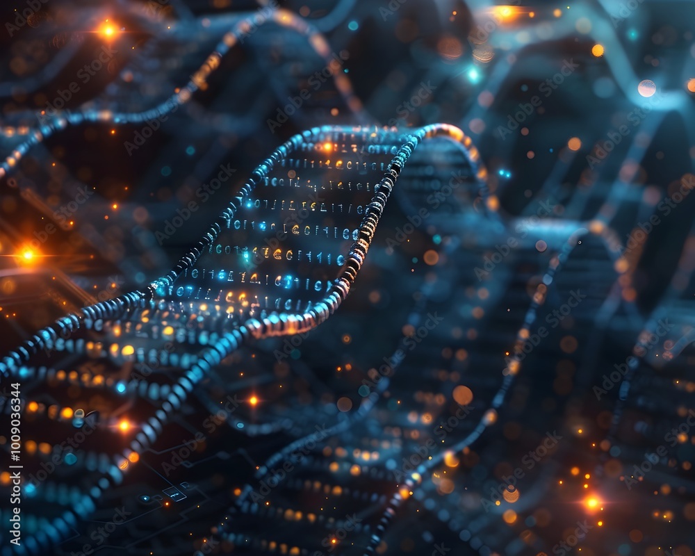 Futuristic Supercomputer with Glowing DNA Strands Transmitting Data at High Speeds Futuristic Supercomputer with Glowing DNA Strands Transmitting Data at High Speeds