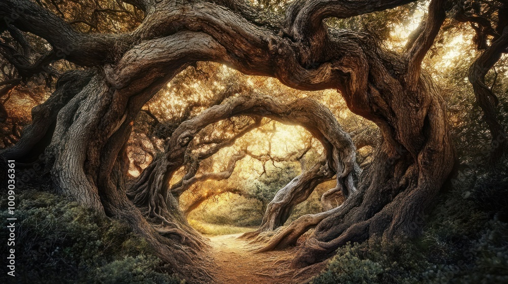 Twisted Tree Trunks Forming A Natural Archway in a Forest Twisted Tree Trunks Forming A Natural Archway in a Forest
