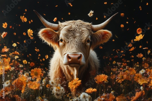 scottish highlander cow in an explosion of flowers christmas style artwork photo