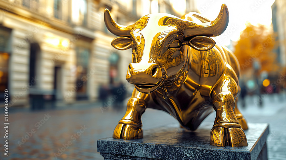 golden bull sculpture symbolizes rising stock prices and financial prosperity, set against blurred urban backdrop. gleaming figure captures attention and evokes sense of optimism golden bull sculpture symbolizes rising stock prices and financial prosperity, set against blurred urban backdrop. gleaming figure captures attention and evokes sense of optimism