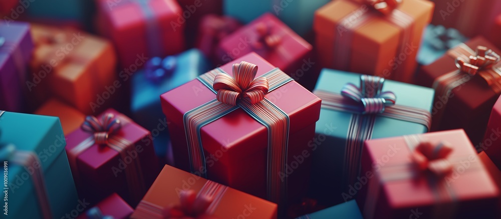 A pile of colorful gift boxes with ribbons, in a photorealistic style, close-up, christmas, birthday A pile of colorful gift boxes with ribbons, in a photorealistic style, close-up, christmas, birthday