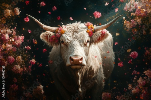 scottish highlander cow in an explosion of flowers christmas style artwork photo