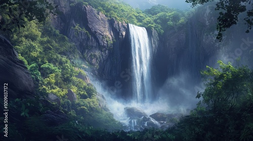 Powerful waterfall cascading down a lush green rocky cliff surrounded by mist and dense forest