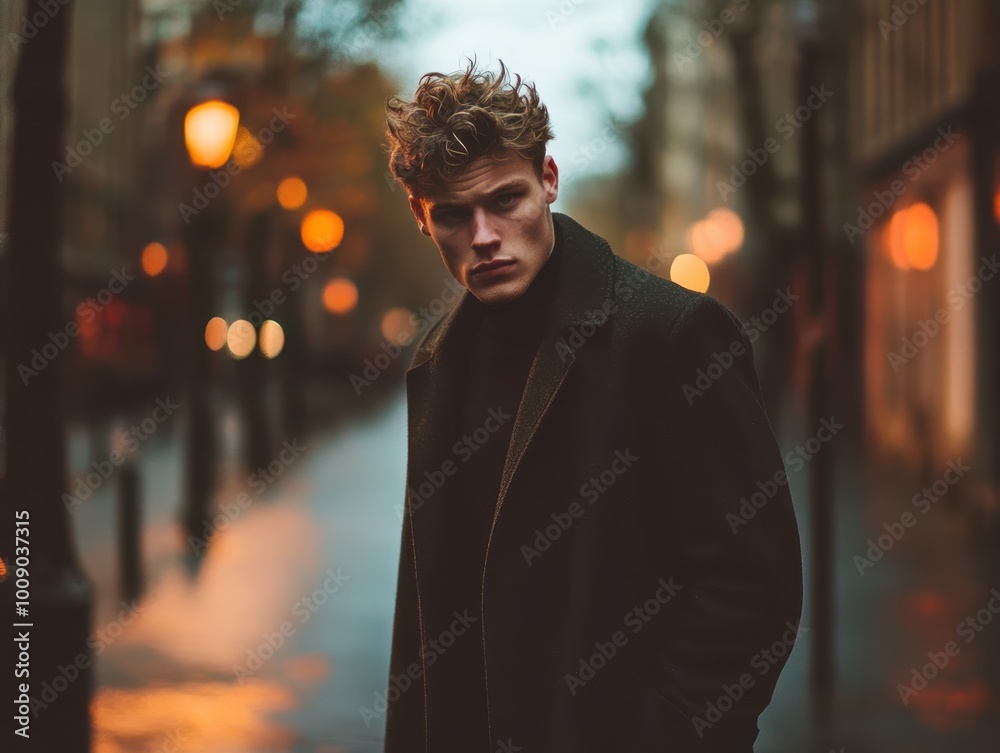 Fototapeta premium A brooding young man stands on a rainy street, illuminated by warm streetlights, creating a moody atmosphere.