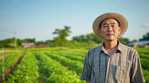 A farmer stands proudly in a vibrant green field, embodying hard work and dedication in agriculture under a clear blue sky. photo