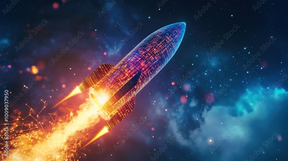 Rocket made of digital code launching into space representing technology and innovation