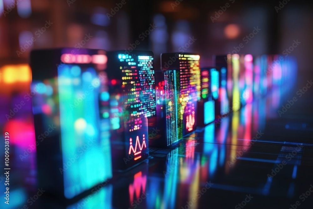 Row of digital screens shaped like dominoes with glowing data streams and futuristic neon lights
Row of digital screens shaped like dominoes with glowing data streams and futuristic neon lights